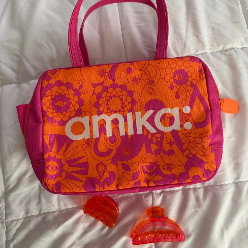 amika Bright Pink and Orange Floral Graphic Essentials Bag - Picture 1 of 4